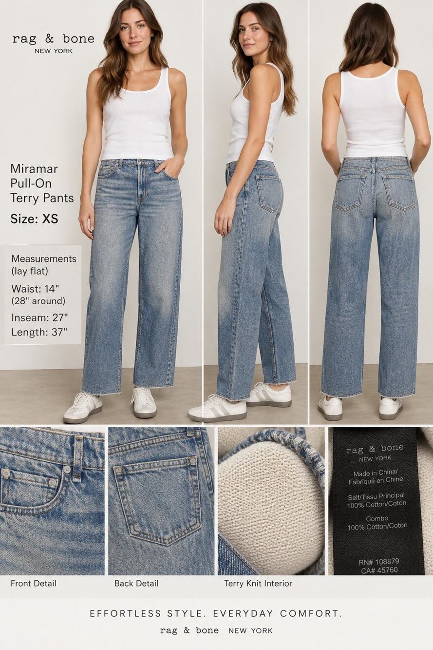 Rag and Bone Women’s Wide-Leg Jeans XS Blue Denim Cotton Blend 5-Pocket